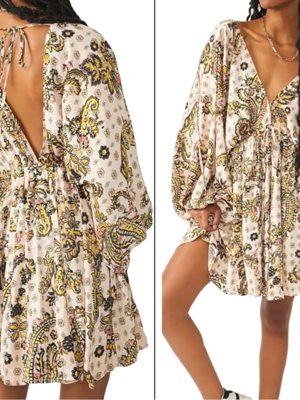 FREE PEOPLE Arzel Mini Dress Paisley V-Neck Boho Pleated Fairycore Magic Large - Picture 3 of 10